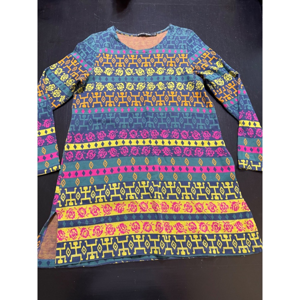 Gudrun Sjoden Organic Cotton Knit Tunic Top Small Geometric Floral Folk Art